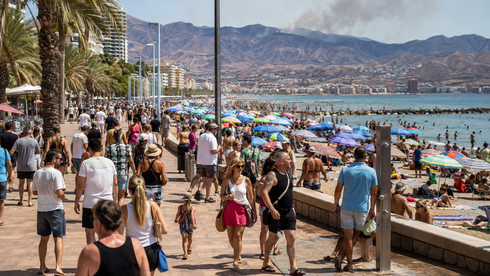 Volle Strandpromenade in Spanien vor trockener Berglandschaft im Sommer