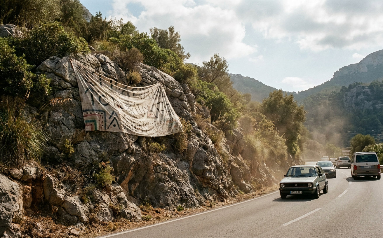 Protest gegen Massentourismus: Banner am Berg bei Valldemossa