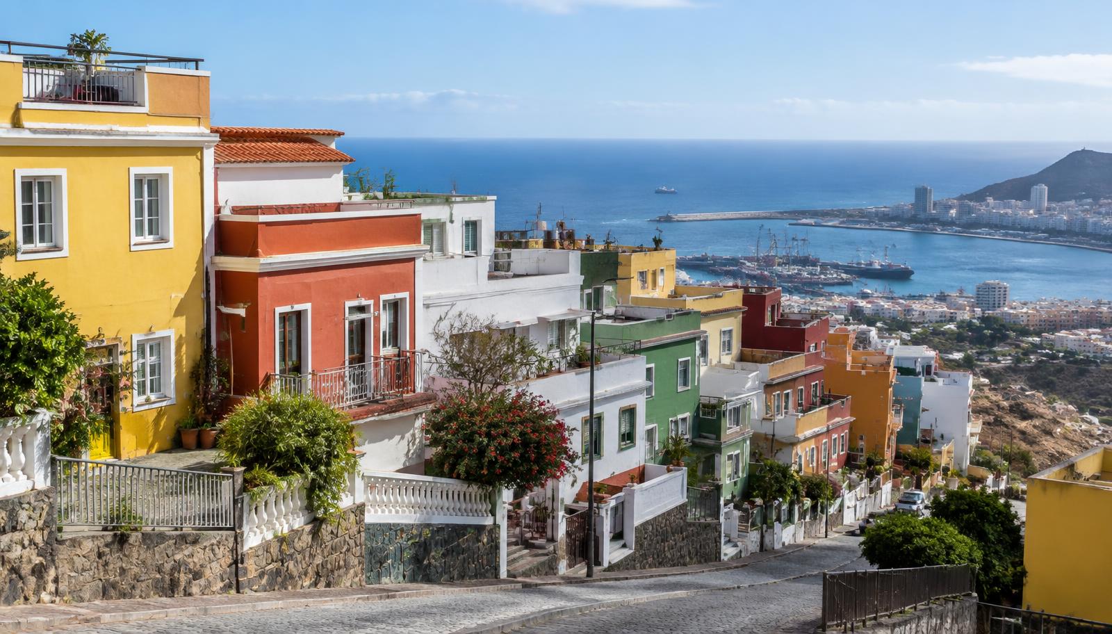 Bunte Wohnhäuser am Hang in Las Palmas de Gran Canaria mit Blick aufs Meer (KI-generiertes Symbolbild)