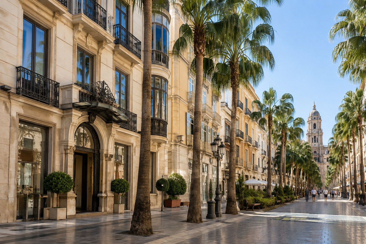 Hotelgebäude und Promenade in Málaga bei Sonnenschein