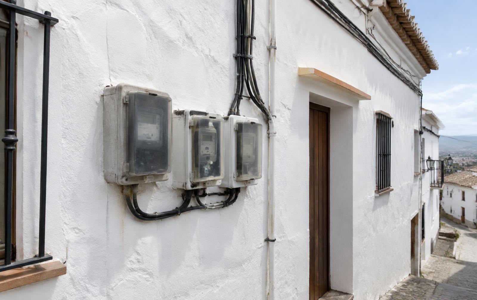 Symbolbild: Stromzähler an einer Hauswand in Spanien bei Tageslicht