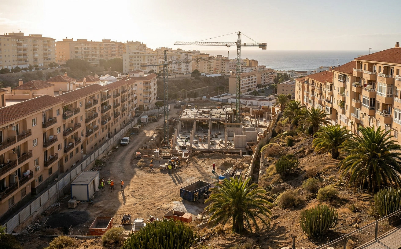 Wohnungsbau auf Gran Canaria vor dichter städtischer Bebauung und kanarischer Landschaft