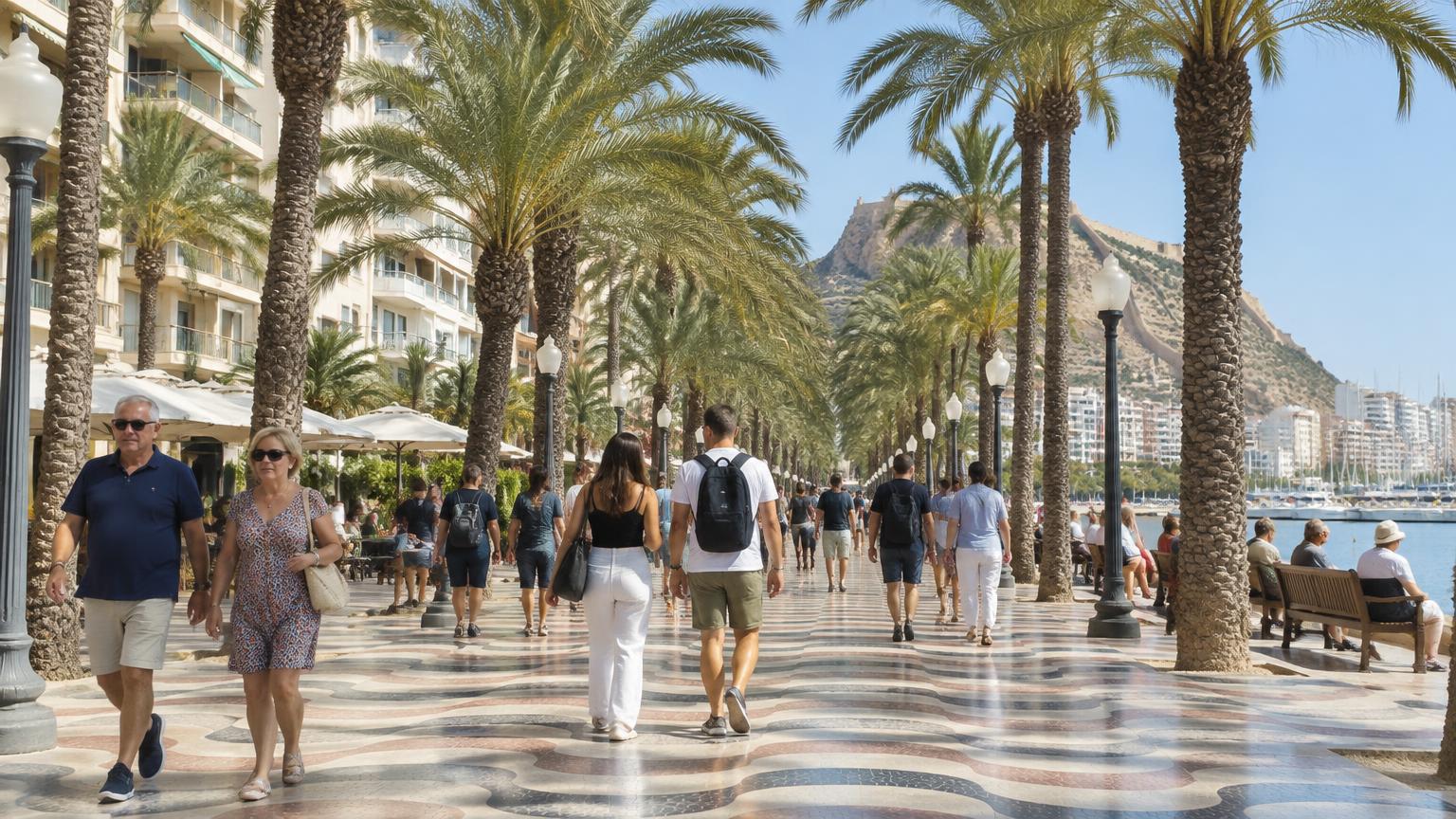 Palmengesäumte Uferpromenade Explanada in Alicante mit Spaziergängern bei Tageslicht