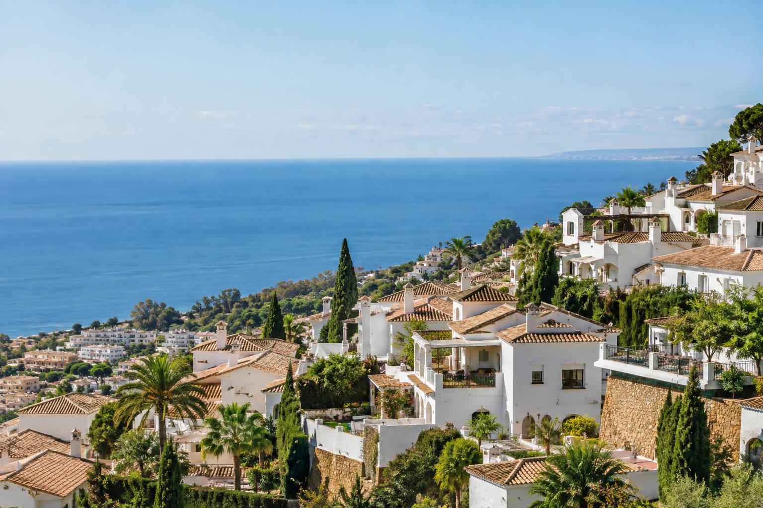 Wohnungspreise Andalusien: weiße Wohnhäuser an einem Hang an der Costa del Sol bei Tageslicht. Symbolbild – mit künstlicher Intelligenz erstellt