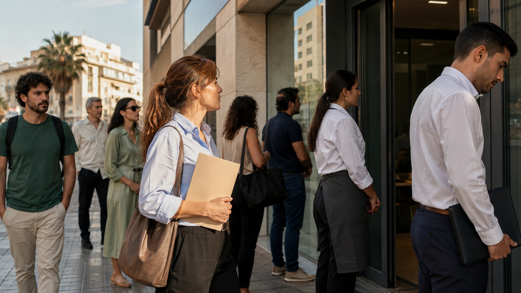 Arbeitnehmer und Arbeitssuchende vor einem modernen Bürogebäude in Spanien