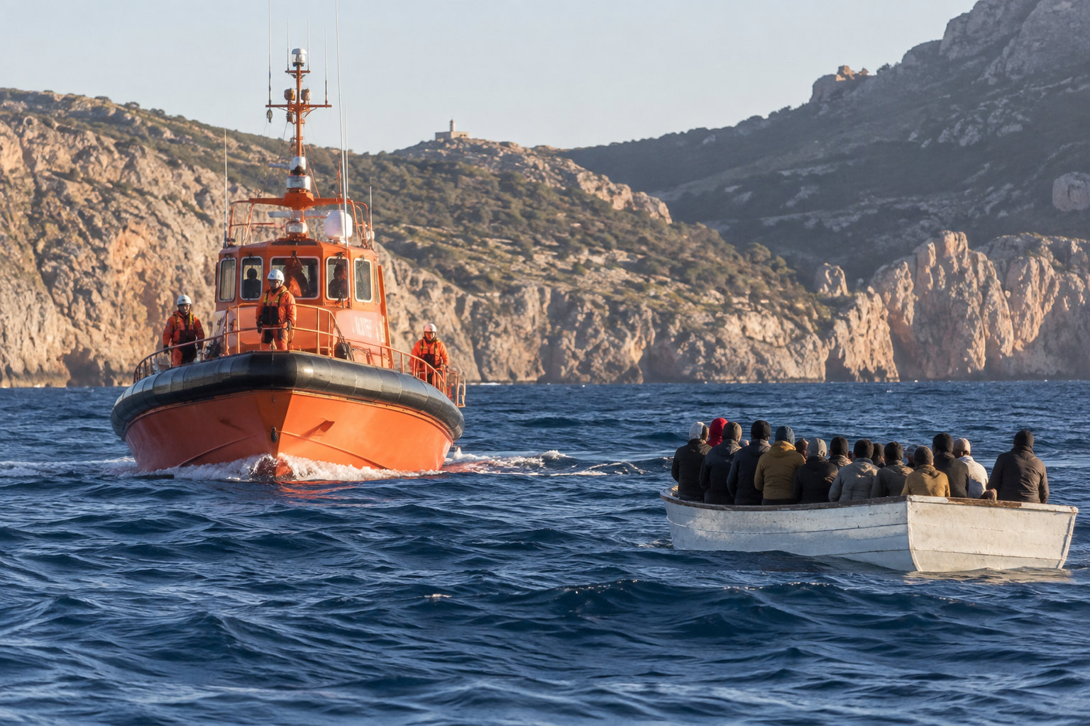 Rettungsboot auf dem Mittelmeer vor der felsigen Küste der Balearen