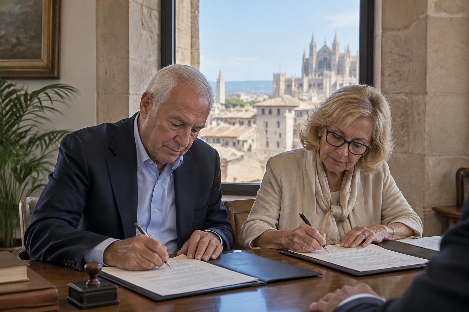 Älteres Paar unterzeichnet Dokumente in einer Notarkanzlei in Palma