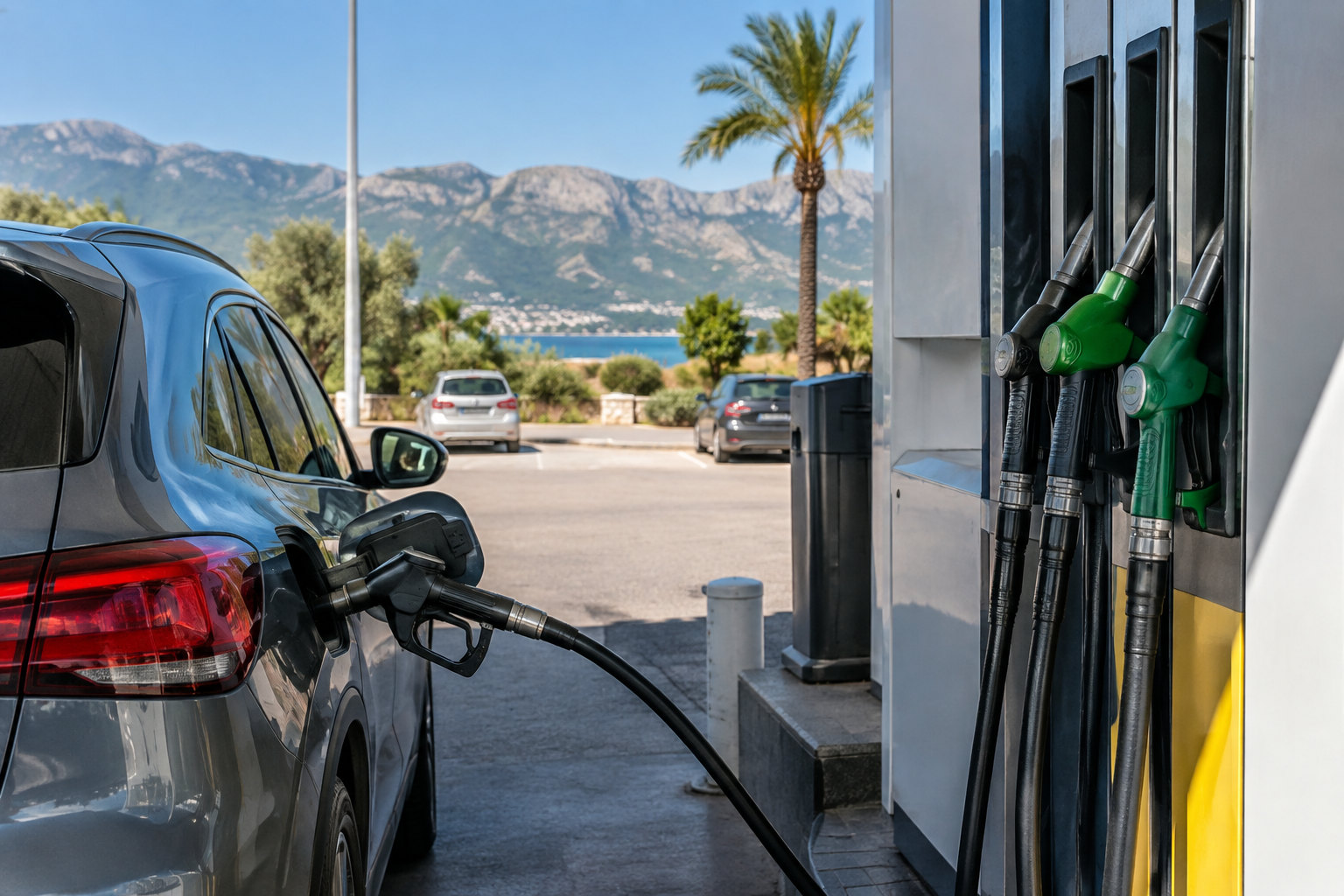 Tankstelle auf Mallorca mit Zapfsäulen und einem Auto vor typisch mediterraner Landschaft