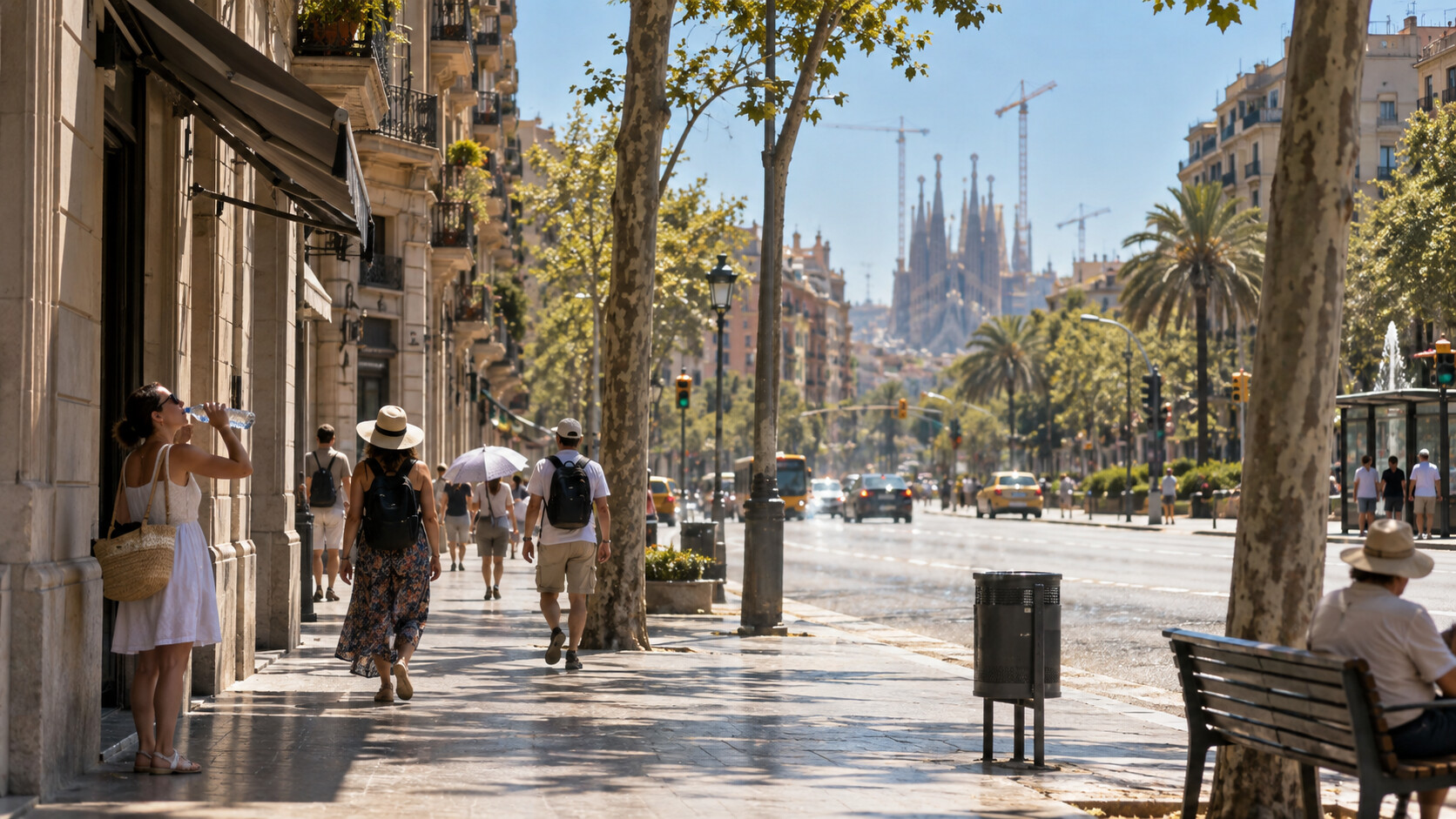 Fußgänger suchen an einem heißen Septembertag in Barcelona Schatten