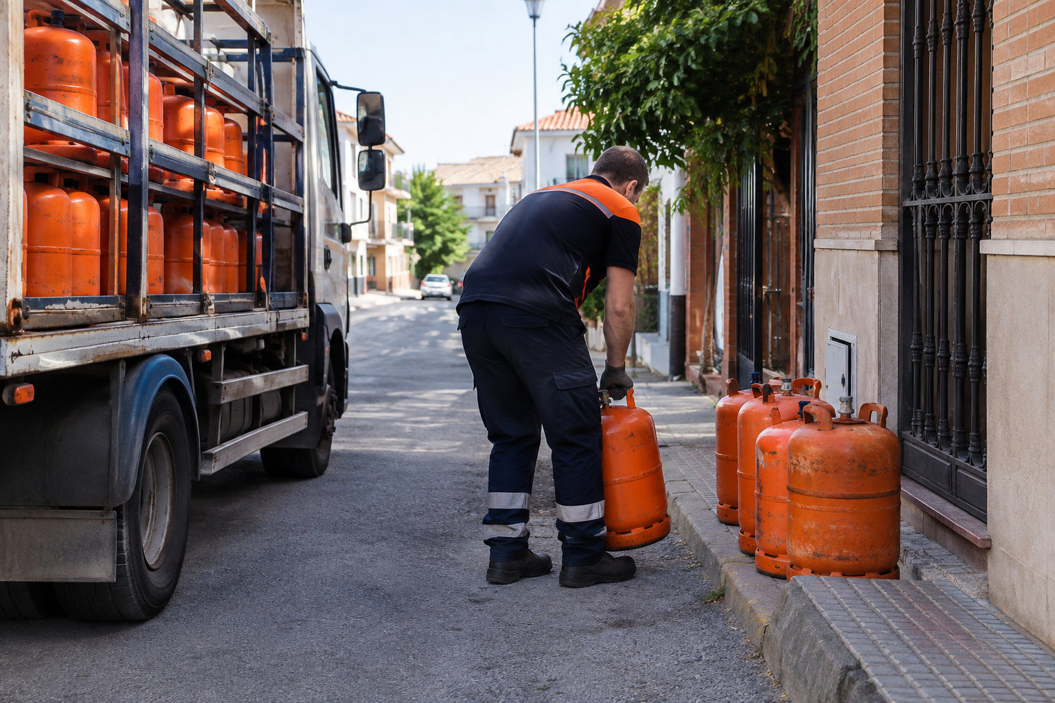 Auslieferer transportiert orange Butangasflaschen in einer spanischen Straße