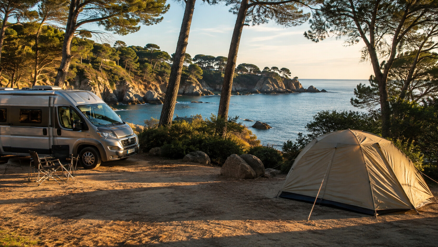 Wohnmobil und Zelt auf einem Campingplatz an einer felsigen Bucht der Costa Brava