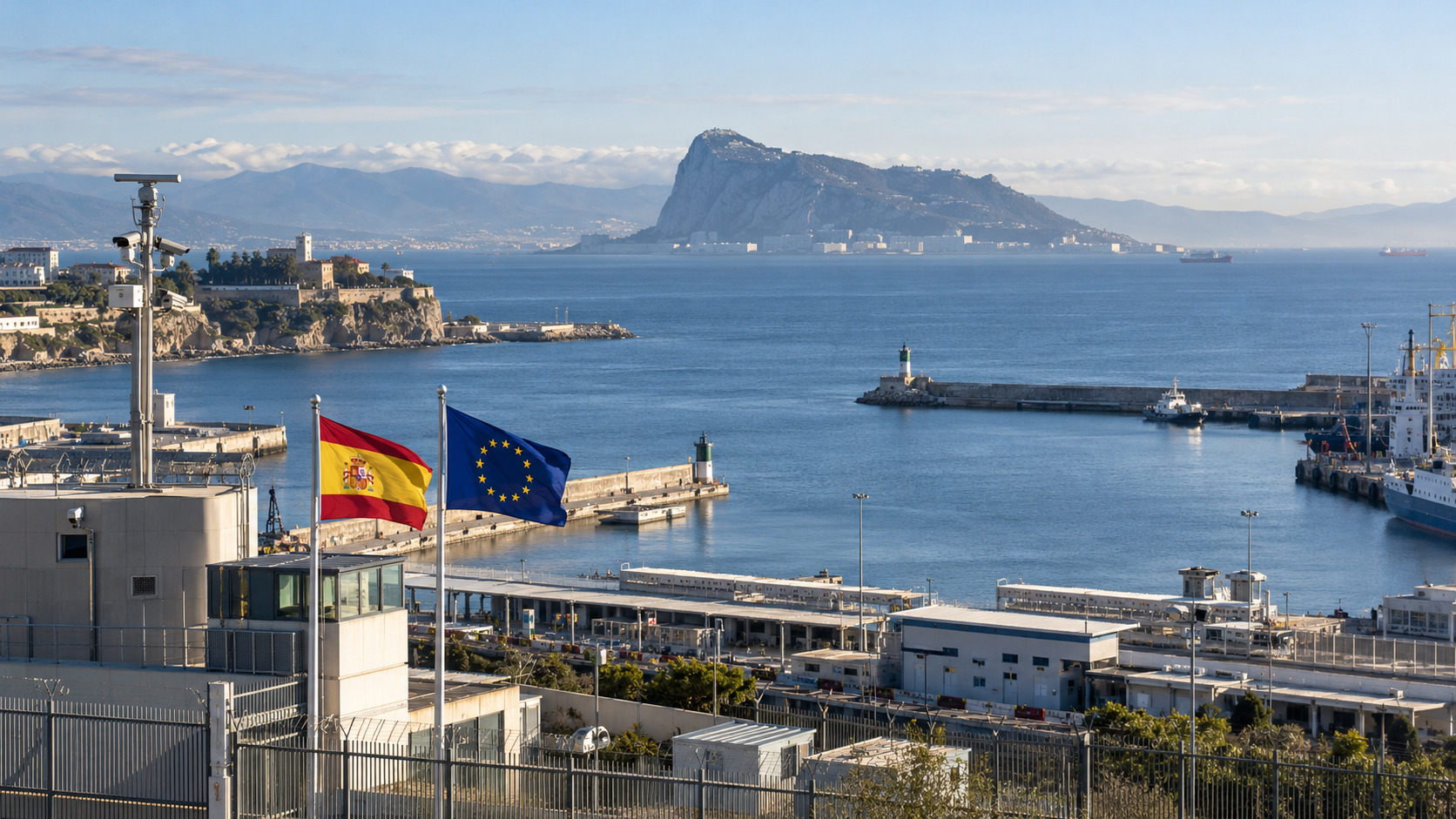 Hafen und Grenzanlagen von Ceuta mit spanischer und europäischer Flagge