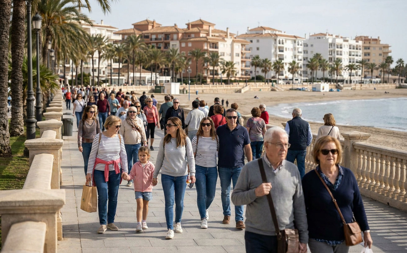 Menschen auf einer belebten Promenade in Torrevieja an der Costa Blanca