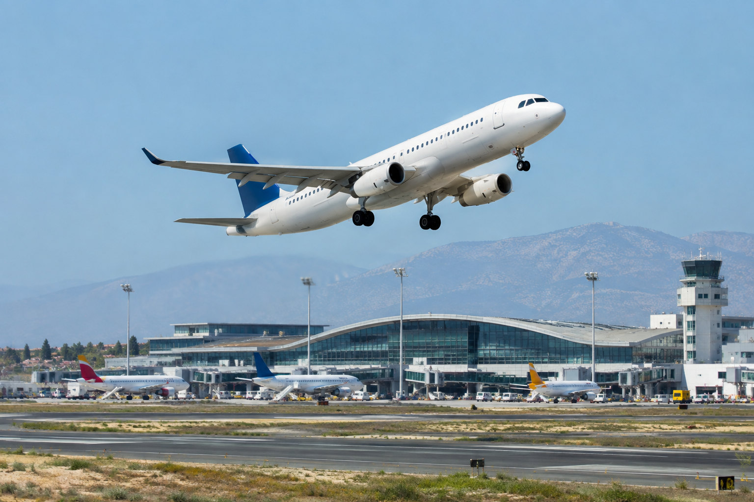 Passagierflugzeug startet am Flughafen Alicante-Elche vor dem Terminal bei klarem Himmel