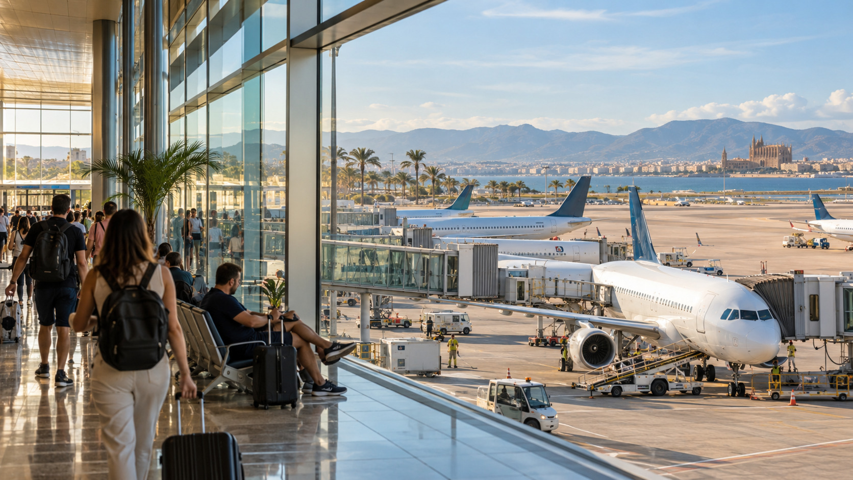 Passagiere und Flugzeuge am Flughafen Palma de Mallorca