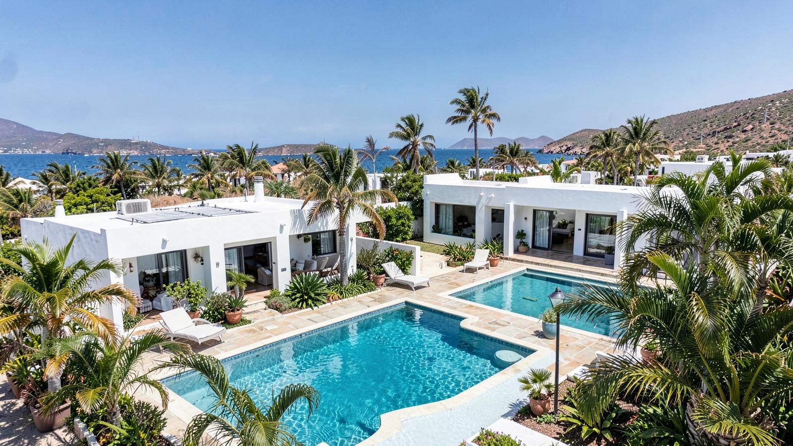 Weiße Ferienbungalows mit Pool und Palmen im Süden von Gran Canaria