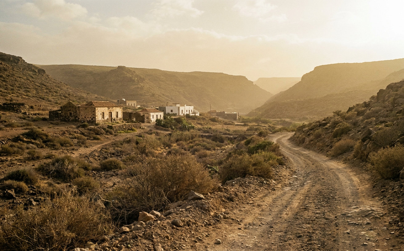 Blick auf das trockene Tal von Tasarte auf Gran Canaria während einer Hitze- und Calimalage