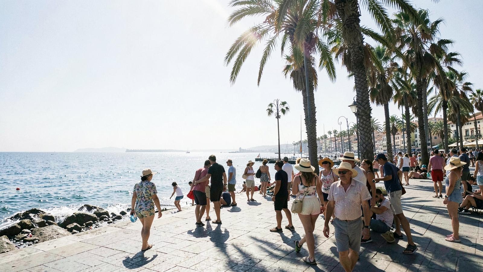 Menschen suchen an einem heißen Septembertag an der Promenade von Málaga Schatten