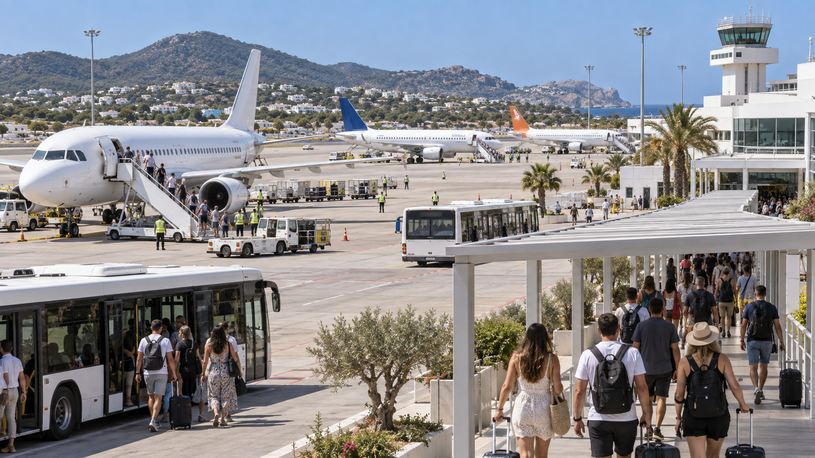Reisende und mehrere Flugzeuge am Flughafen Ibiza bei hellem Tageslicht
