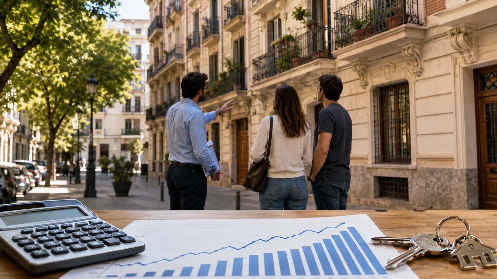 Wohngebäude, Besichtigung, Schlüssel, Rechner und steigende Preiskurve in Valencia