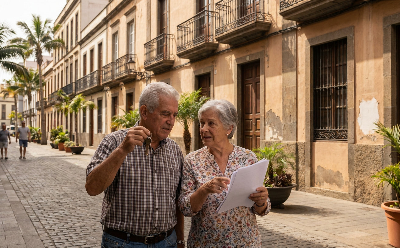 Älteres Paar vor seiner gemeinsamen Wohnung auf Gran Canaria