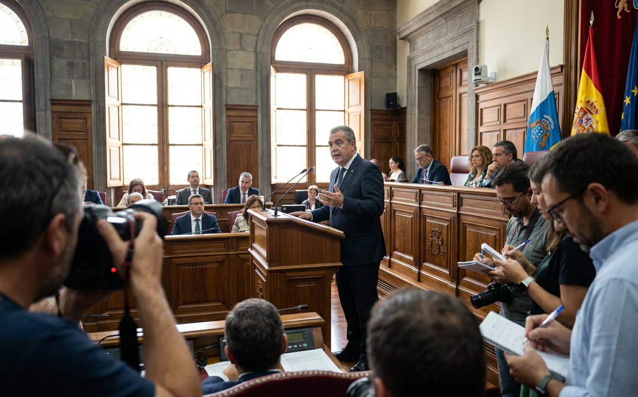 Regionalminister Manuel Miranda spricht im kanarischen Parlament über Entschädigungen für Tourismus-Moratorien.