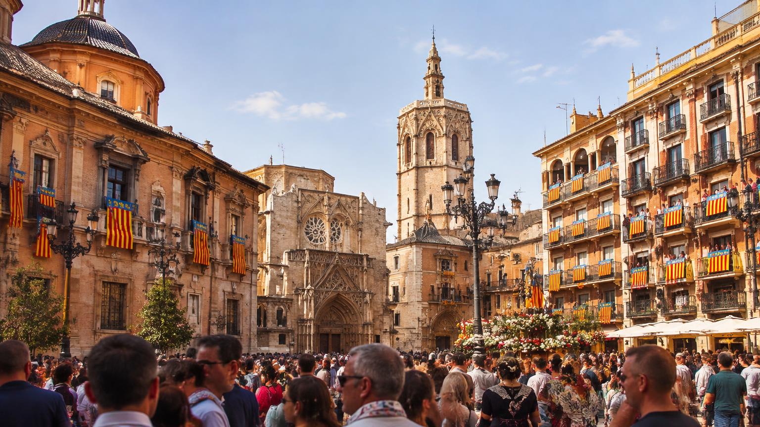 Festlich geschmückte Plaza vor der Kathedrale von Valencia mit vielen Menschen