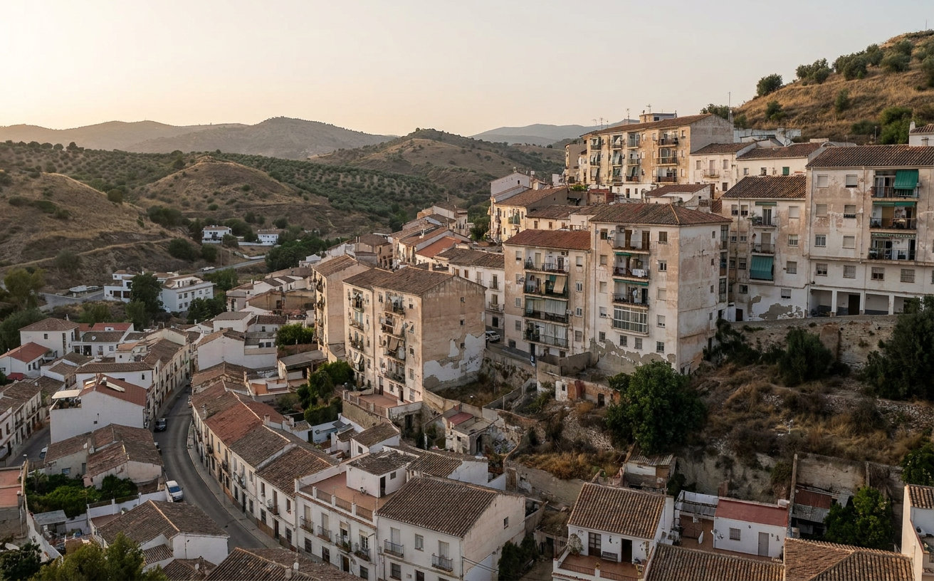 Wohnhäuser in Málaga mit dicht bebauten Stadtvierteln und Bergen im Hintergrund