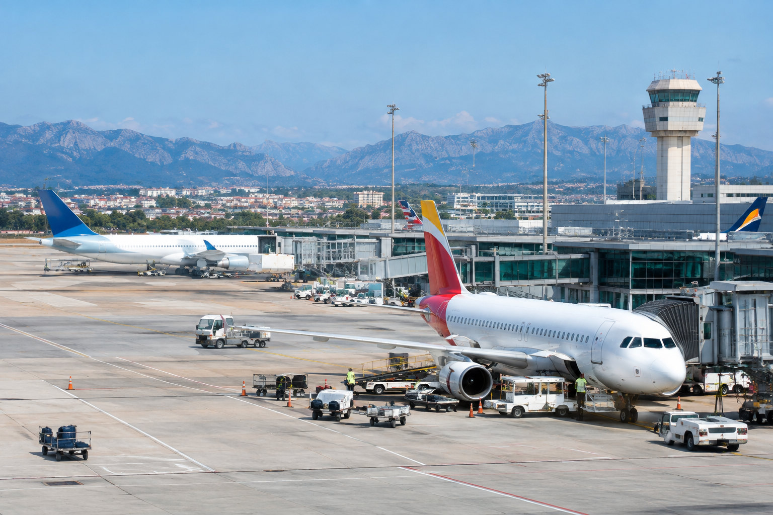Passagierflugzeuge und Terminalbetrieb am Flughafen Palma de Mallorca an einem belebten Sommertag