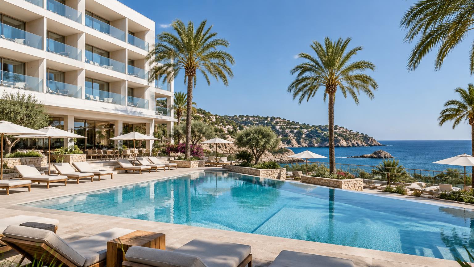 Hotelanlage mit Pool und Palmen an der Küste Mallorcas bei Tageslicht