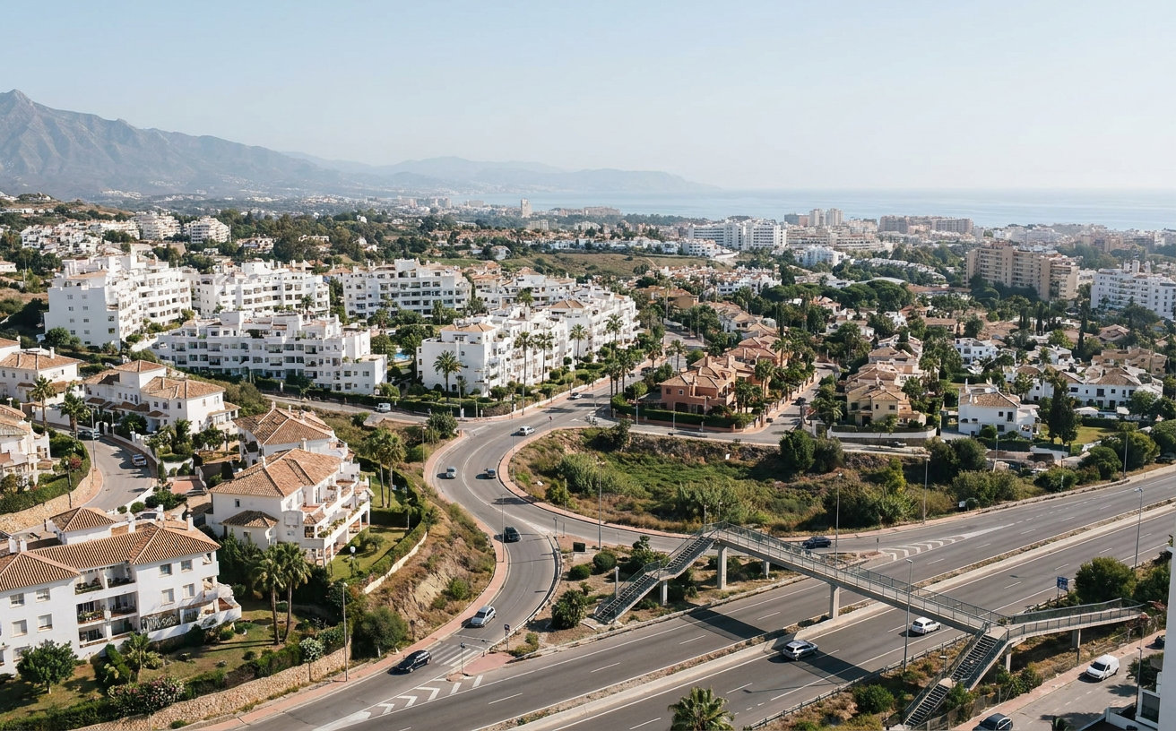 Blick auf dicht bebaute Wohnviertel und Grünflächen in Marbella an der Costa del Sol