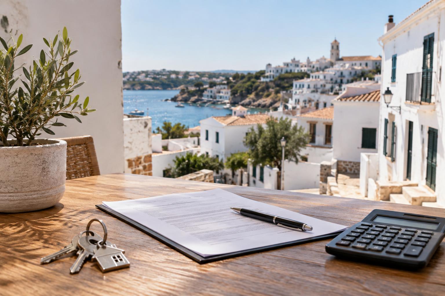 Menorca Neumieten 2025: Mietvertrag vor Inselhäusern, Symbolbild – mit künstlicher Intelligenz erstellt