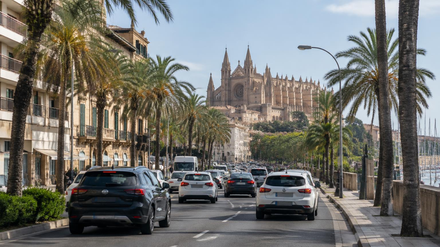 Autoverkehr auf einer Palmenstraße in Palma mit der Kathedrale im Hintergrund
