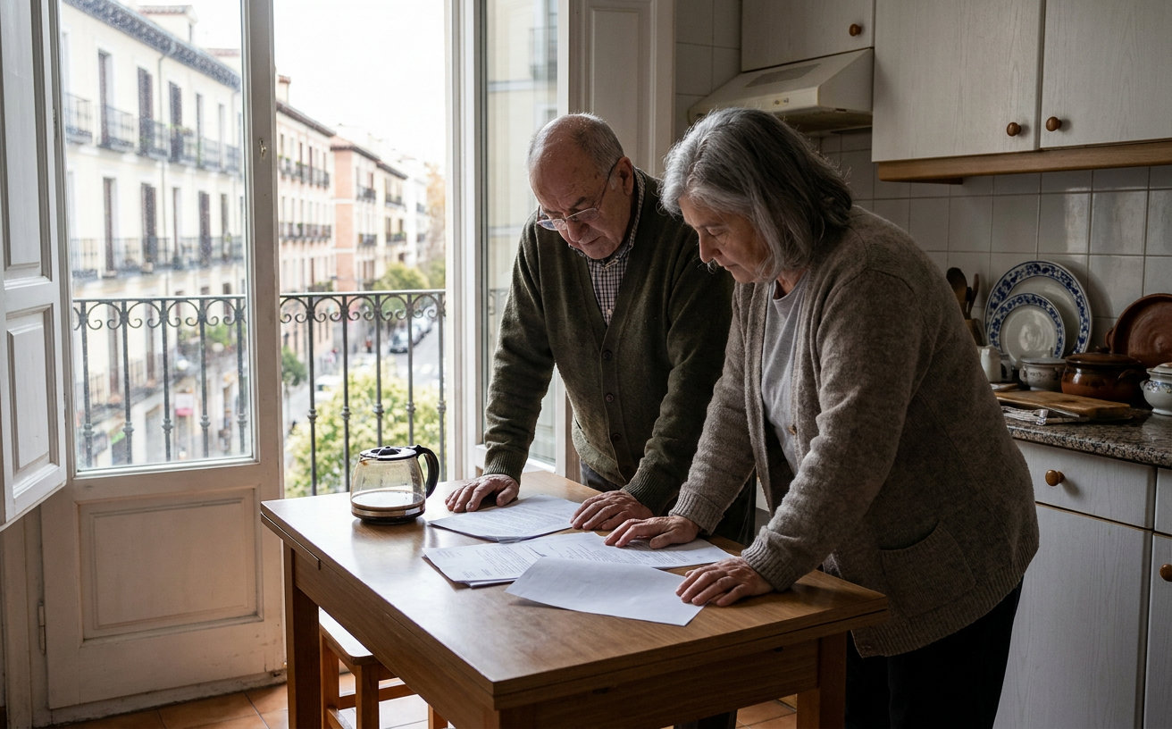 Älteres Paar prüft zu Hause Unterlagen zur spanischen Altersrente.