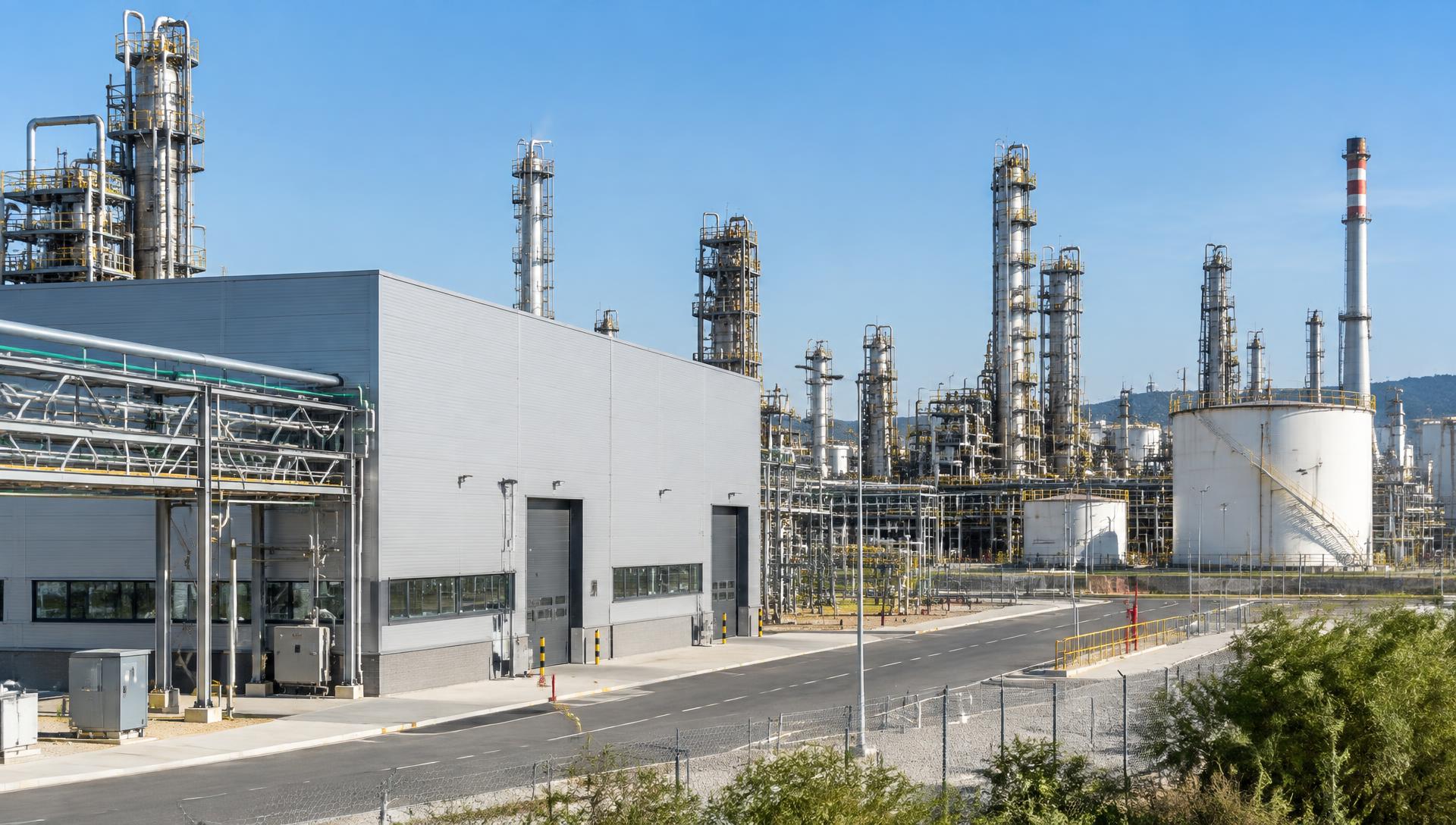 Industrie- und Energieanlagen an einem sonnigen Tag in Spanien.