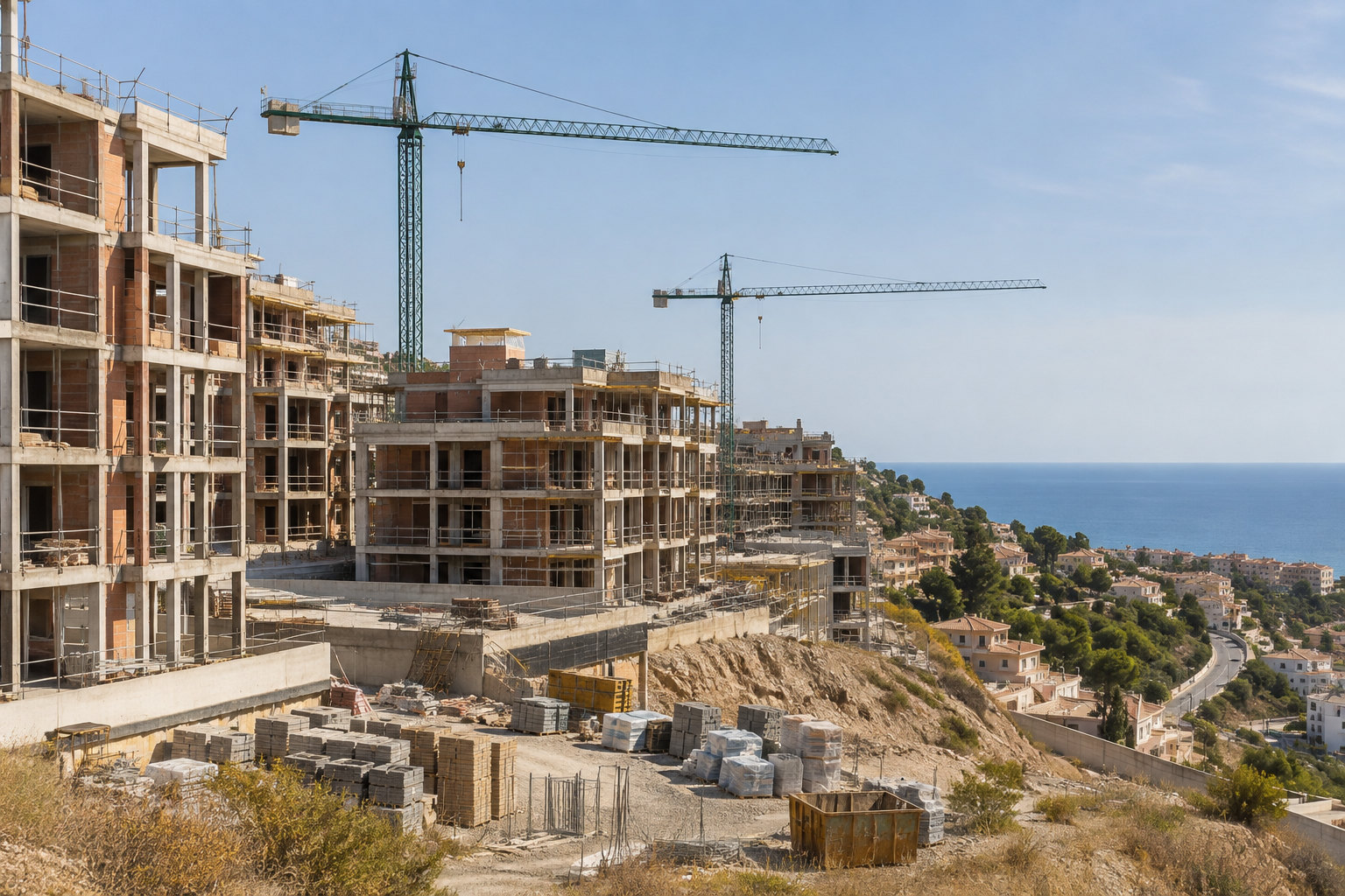 Stillstehende Wohnungsbaustelle in Spanien mit Kränen, Rohbauten und ungenutztem Baumaterial