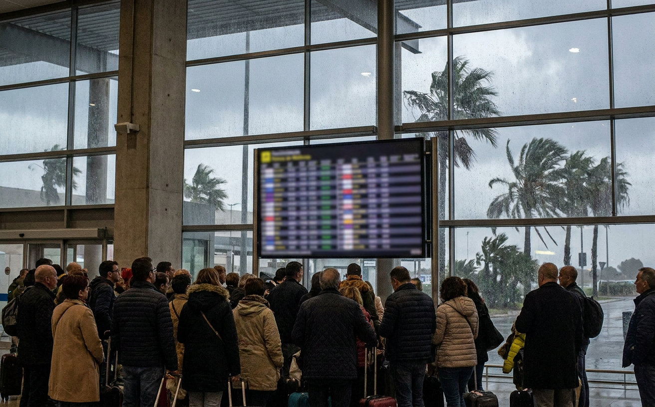 Reisende warten während des Unwetters vor den Anzeigetafeln am Flughafen Palma de Mallorca.