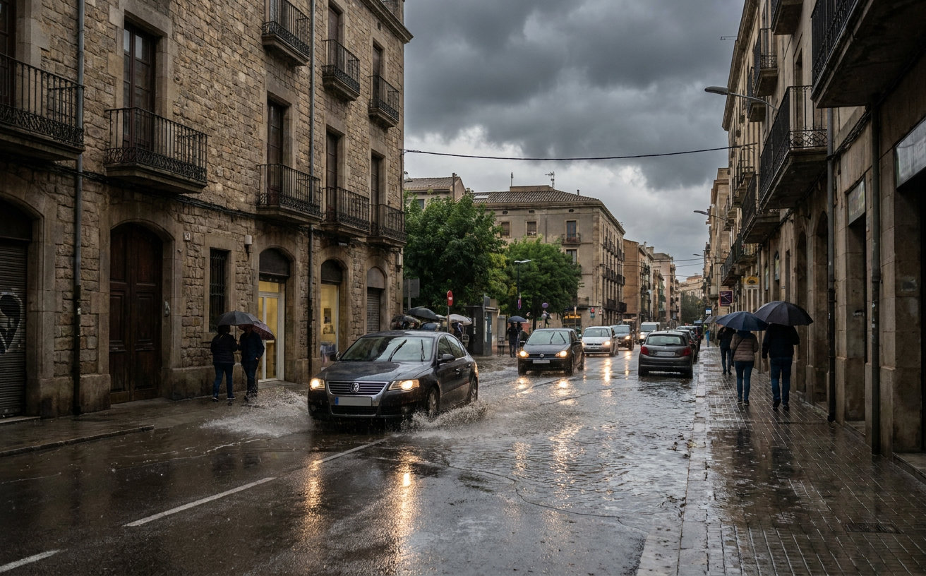 Starker Regen über einer Straße in Katalonien, auf der Autos durch große Wasseransammlungen fahren