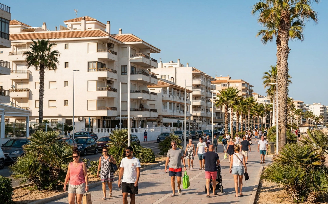 Blick auf Wohngebiete und Küste von Torrevieja in der international geprägten Vega Baja