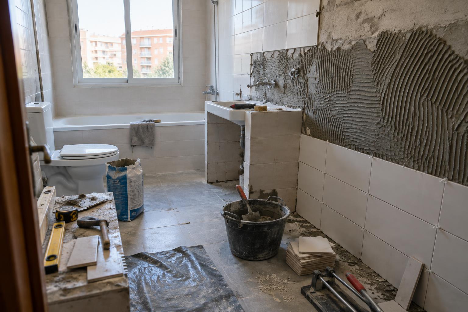 Badrenovierung in einer spanischen Wohnung mit Werkzeug und neuen Fliesen bei Tageslicht