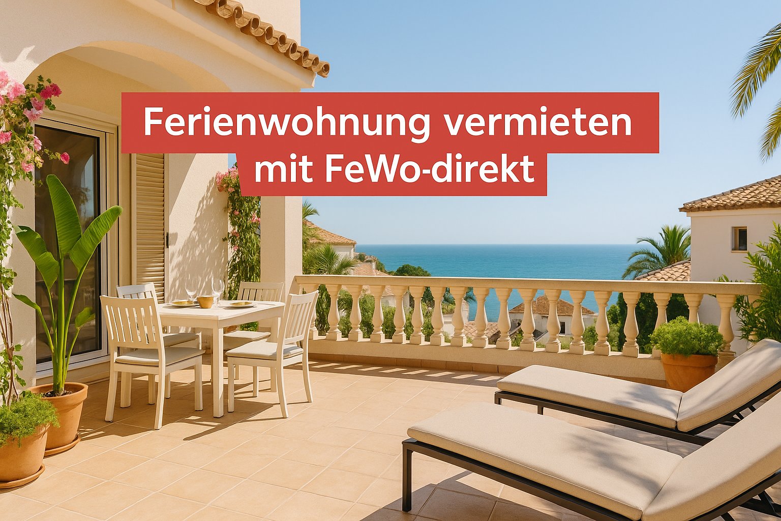 ferienwohnung-vermieten-spanien-fewodirekt Mediterrane spanische Ferienwohnung mit Terrasse, Meerblick und Beschriftung: Ferienwohnung vermieten mit FeWo-direkt