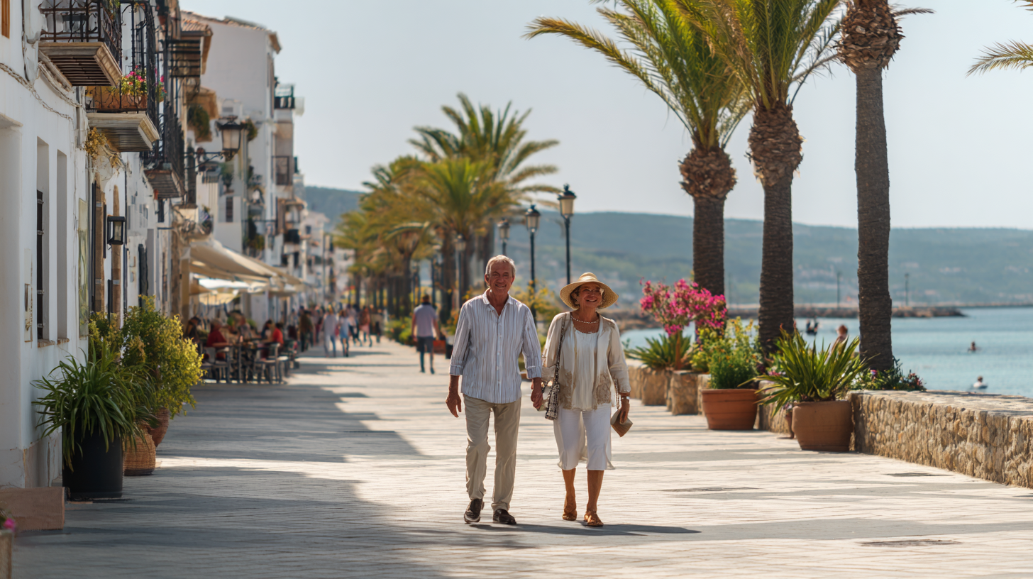 Fröhliches Rentnerpaar vor spanischer Villa mit Palmen und Meer – Ruhestand in Spanien genießen