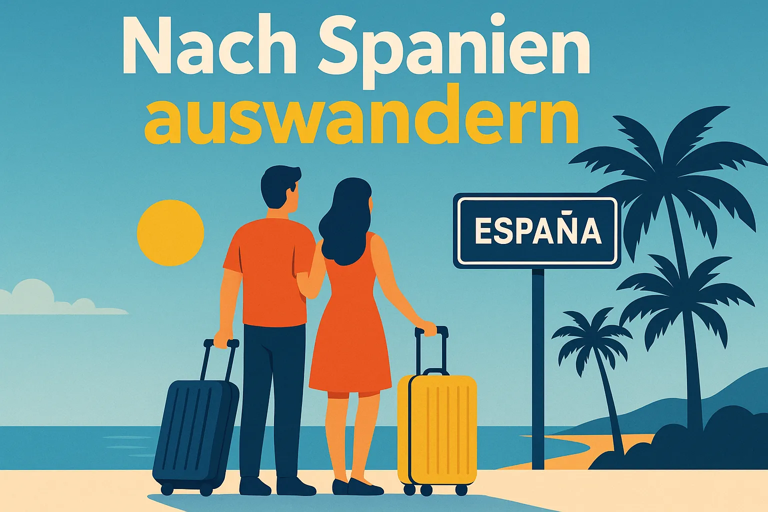 Paar mit Koffern steht vor einem Spanien-Schild am Meer – Symbol für das Auswandern nach Spanien