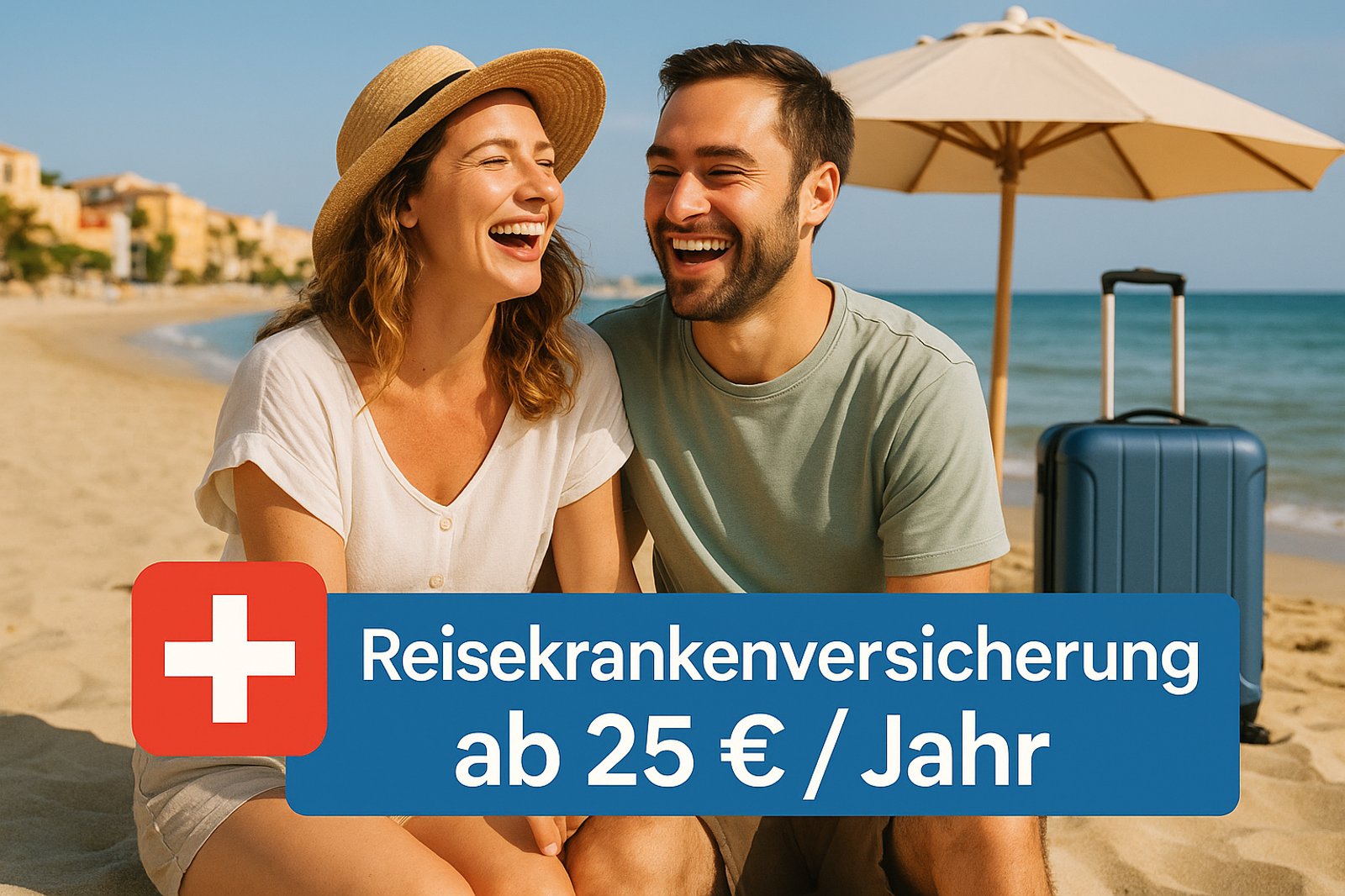 Paar am Strand mit Koffer – Hinweis auf Reisekrankenversicherung ab 25 Euro pro Jahr