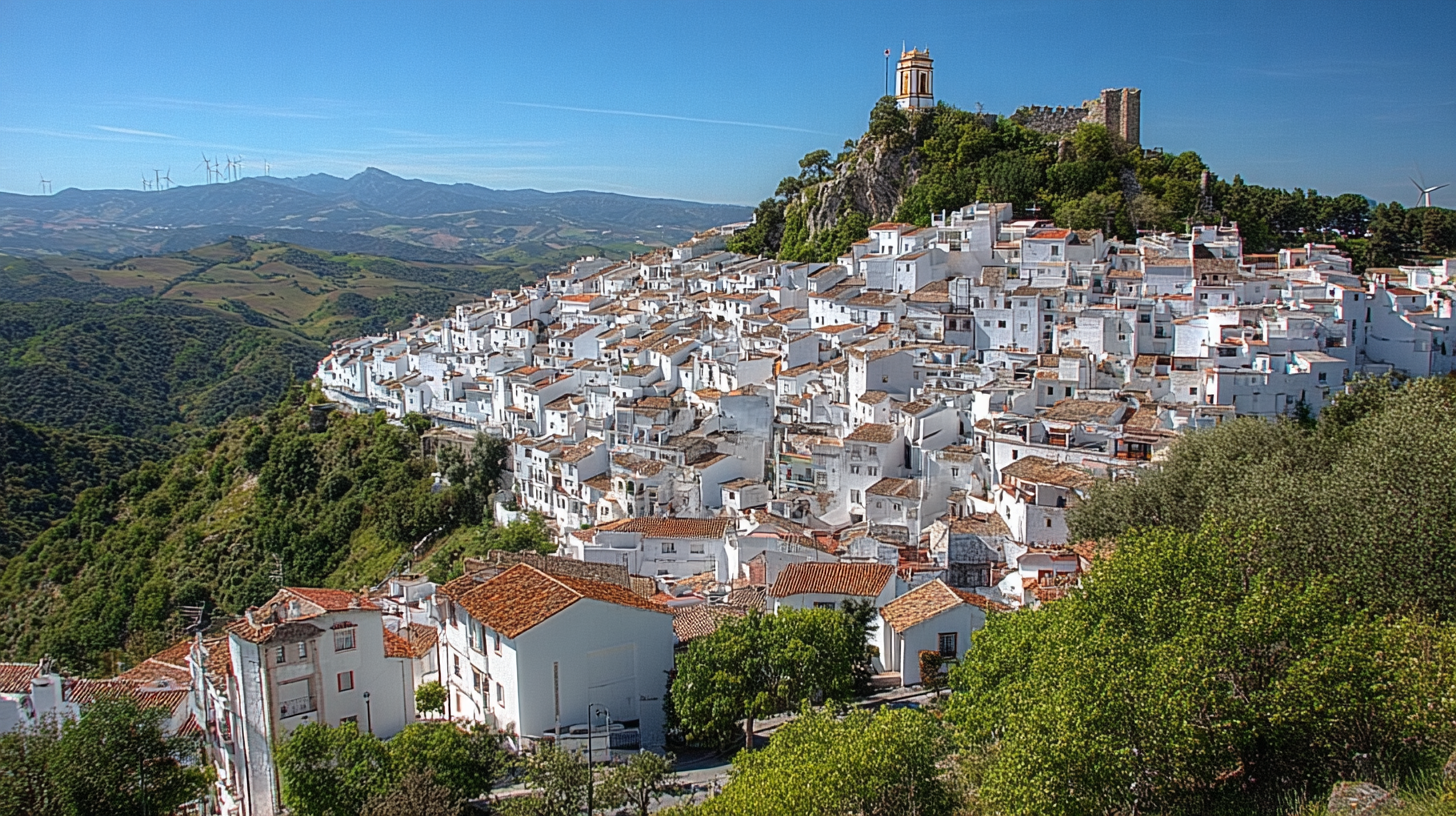 Weißes andalusisches Bergdorf mit roten Dächern und Olivenhainen im Hintergrund der Berge