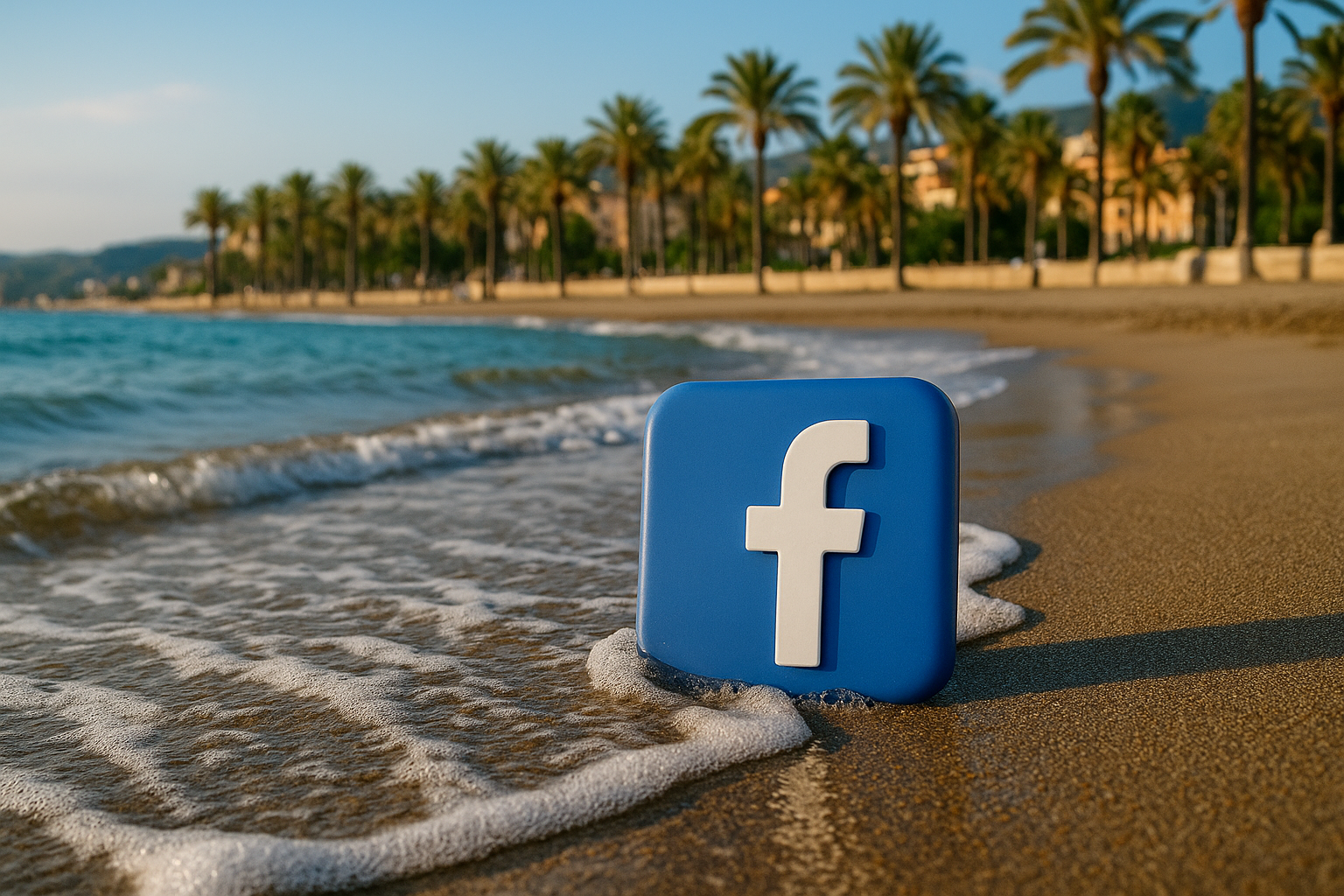 Facebook Logo am Strand in Spanien – Symbol für unsere Facebook Gruppe „Spanien Urlaub – Fragen, Antworten und persönliche Erfahrungen“
