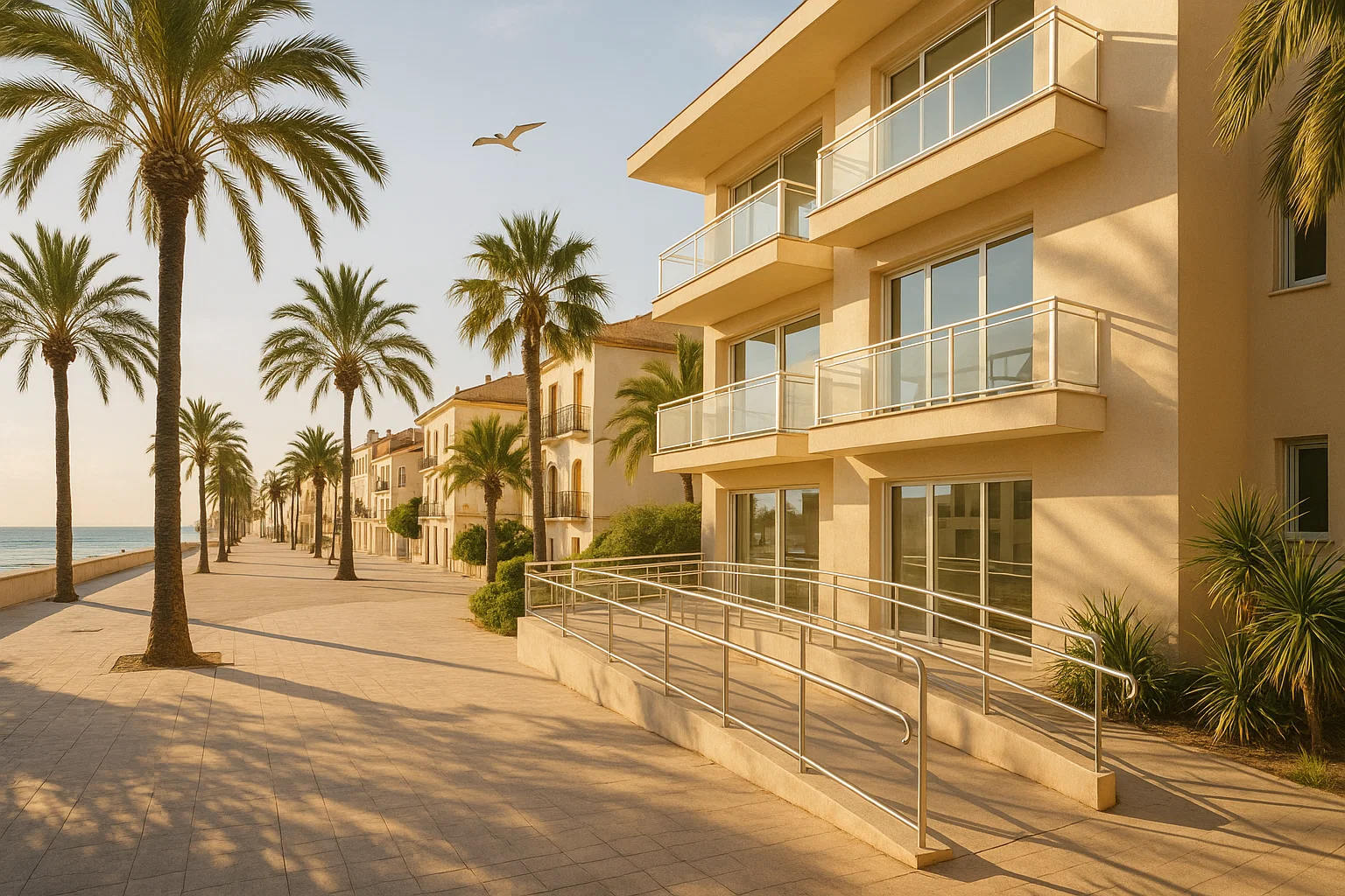 Altersgerechtes Wohnen in Spanien – barrierefrei, sonnig und mediterran Modernes barrierefreies Wohngebäude in Spanien mit mediterraner Architektur, Palmen, warmem Sonnenlicht und lebendiger Atmosphäre – ideal zum altersgerechten Wohnen.