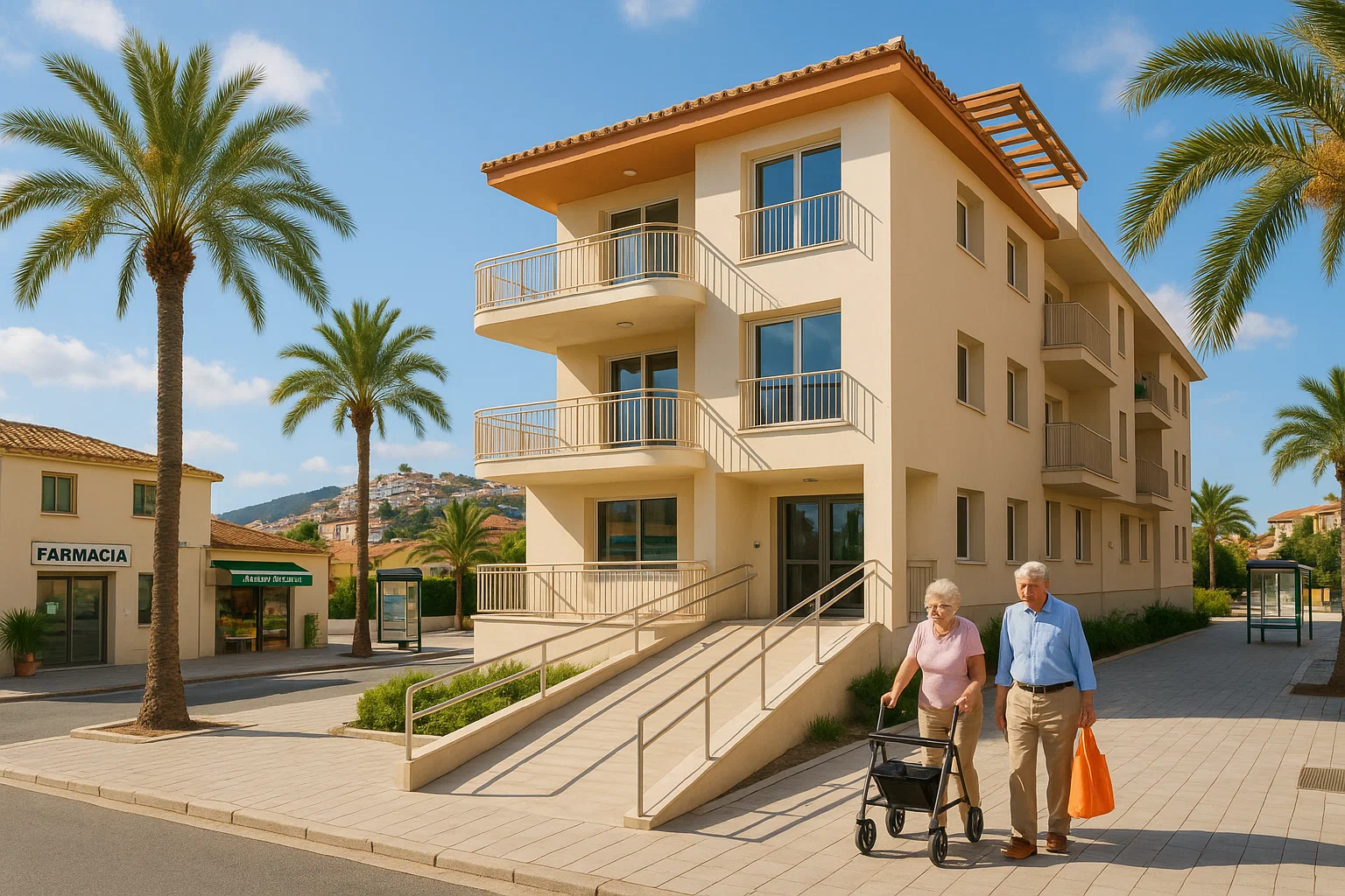 Barrierefrei wohnen unter spanischer Sonne mit kurzen Wegen zu Ärzten, Einkaufsmöglichkeiten und öffentlichem Nahverkehr in Spanien.