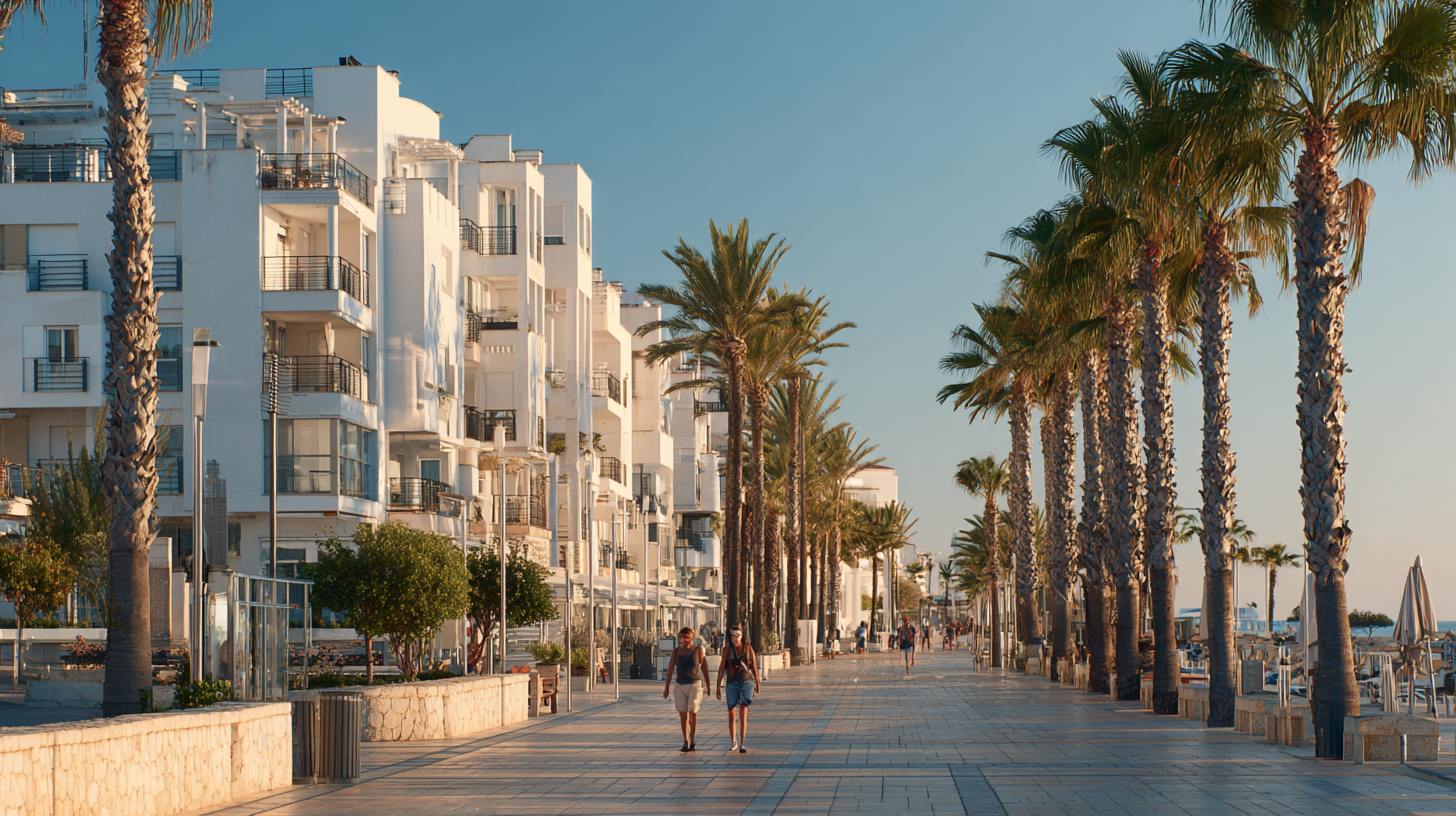 Promenade in Spanien – Ferienvermietung und Immobilien 2025 Spanische Küstenpromenade mit modernen Apartmenthäusern und Palmen bei Sonnenschein, zwei Personen im Bild ohne erkennbare Gesichter