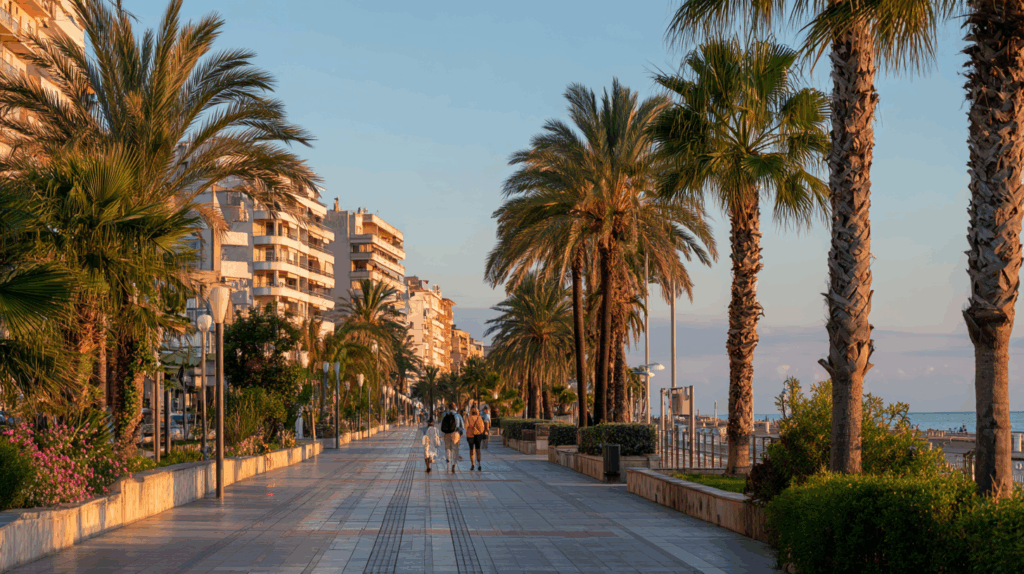 Küstenpromenade in Spanien mit Palmen und modernen Wohnanlagen, zwei Menschen spazieren in Richtung Meer.